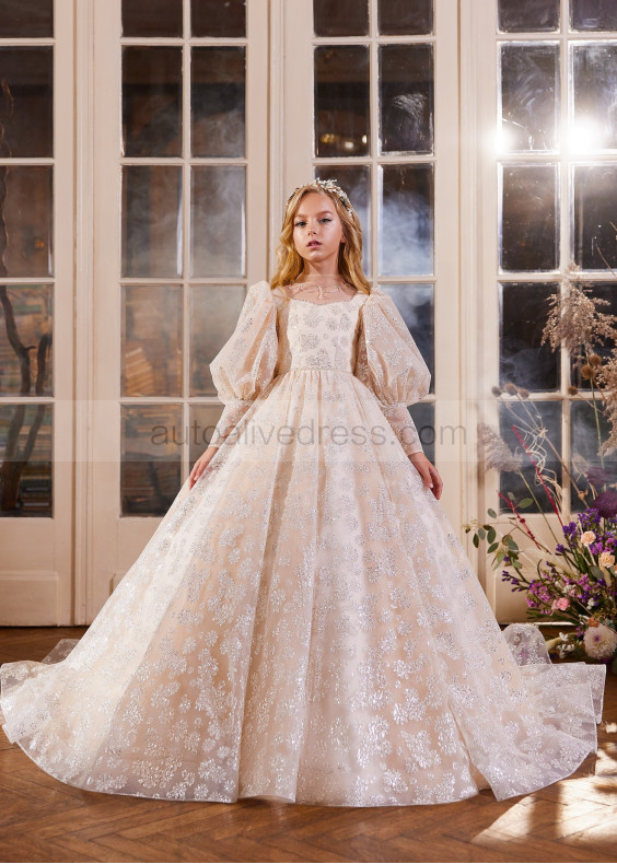 Long Sleeves Beaded Champagne Lace Tulle Flower Girl Dress